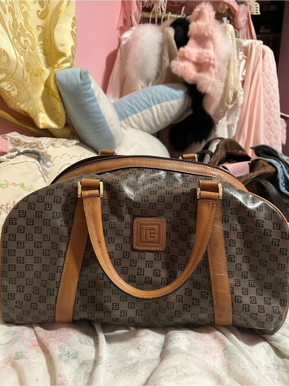 PIERRE BALMAIN Vintage Leather-Trim Monogram Dome Satchel